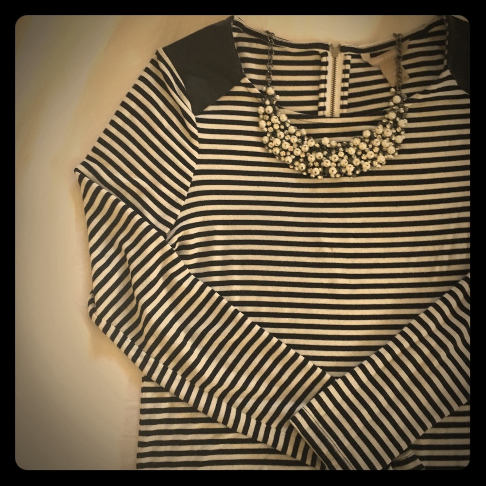 Black and white striped, faux leather shirt